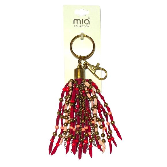 Mia Collection Tassel Keychain Key Ring Bag Charm Womens Red Pink Beaded Boho - Picture 2 of 6